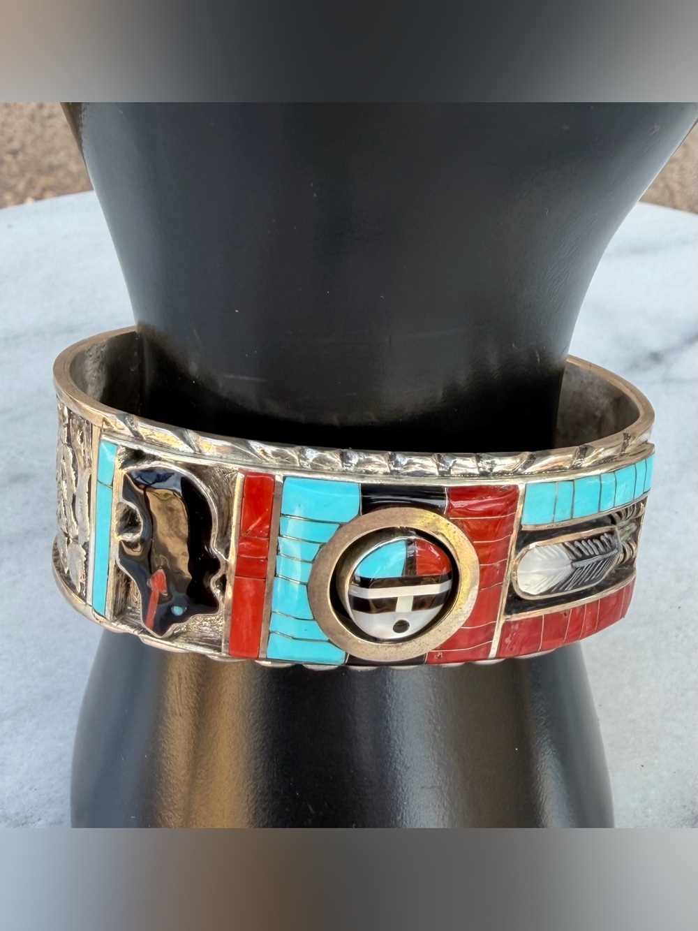 Don Dewa Zuni Sterling Silver Spinner Cuff Bracelet Turquoise Coral Inlay 7.25